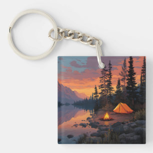 Peaceful Camping Scene by a Mountain Lake Keychain