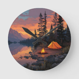 Peaceful Camping Scene by a Mountain Lake Round Clock