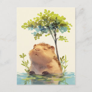 Peaceful Capybara in Water Under Green Tree Postcard