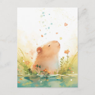 Peaceful Capybara with Heart and Falling Petals Postcard