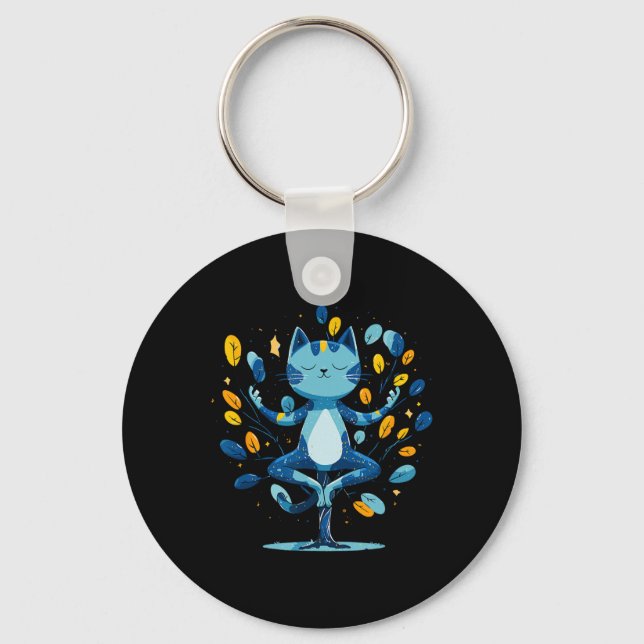 Peaceful Cat Zen Meditation Tree Pose  Keychain (Front)