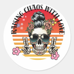 Peaceful Chaos Retro Skull Mom – Vintage Sunset De Classic Round Sticker