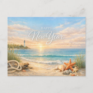 Peaceful Coastal Lighthouse New Year Holiday Postcard