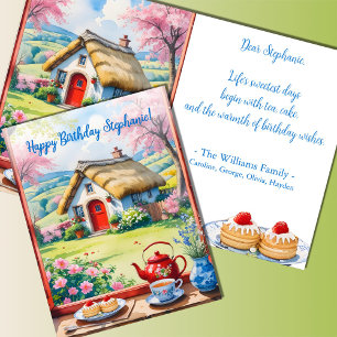 Peaceful Cottage View Flowers Tea Cakes Birthday Card