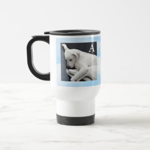 Peaceful Dog Photo Soft Blue Bible Verse Initial Travel Mug
