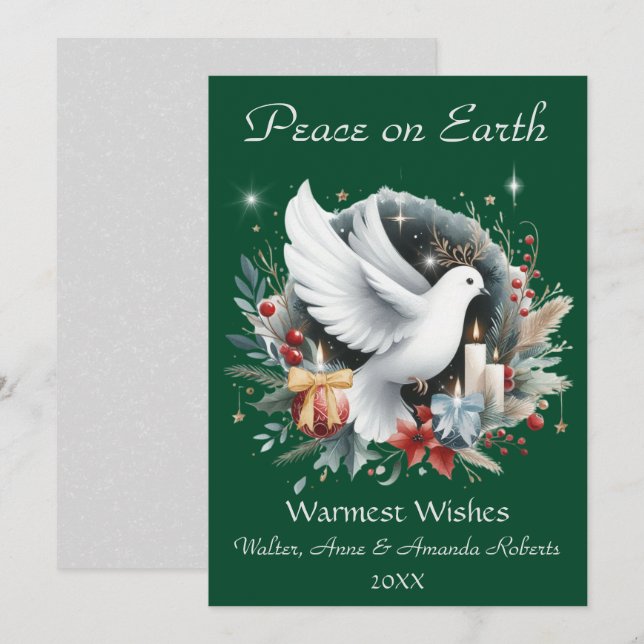 Peaceful Dove, Watercolor Wreath & Candles Holiday Card (Front/Back)