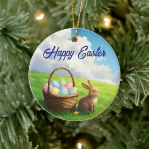 Peaceful Easter Spring Meadow Bunny & Egg Basket Ceramic Ornament