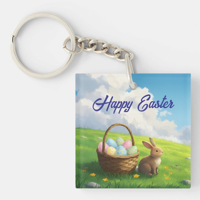Peaceful Easter Spring Meadow Bunny & Egg Basket Keychain (Front)