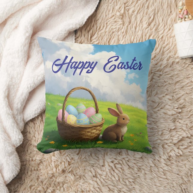 Peaceful Easter Spring Meadow Bunny & Egg Basket Throw Pillow (Blanket)
