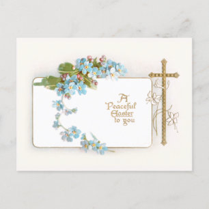 Peaceful Easter Vintage Cross with Forget-me-Nots Holiday Postcard