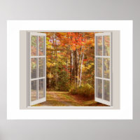 Peaceful fall scene viewed through an open window