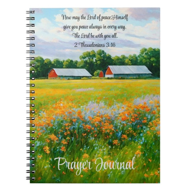Peaceful Farm Scene Flowers Faith Bible Verse Notebook (Front)