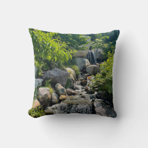 Peaceful Forest Stream Calming Greenery waterfall Throw Pillow