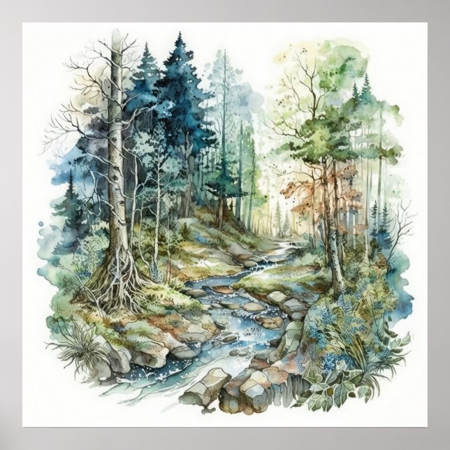 Peaceful Forest Stream Watercolor Poster (Front)
