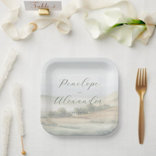 Peaceful Green Watercolor Landscape Paper Plate