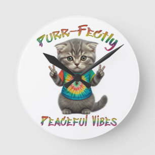 Peaceful Hippie Boho Kitten Vibes  Round Clock