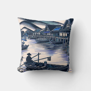 Peaceful Japan Fishermen Village Throw Pillow