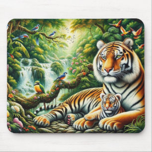 Peaceful Jungle Scene with Tigers Painting Mouse Pad