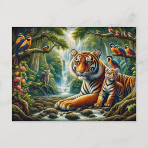 Peaceful Jungle Scene with Tigers Painting Postcard