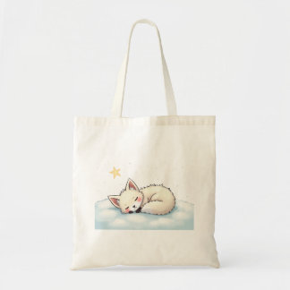 Peaceful Kawaii Arctic Fox Starry Night Winter Tote Bag