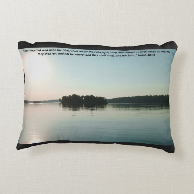 Peaceful Lake and Distant Trees with scripture Accent Pillow (Back)