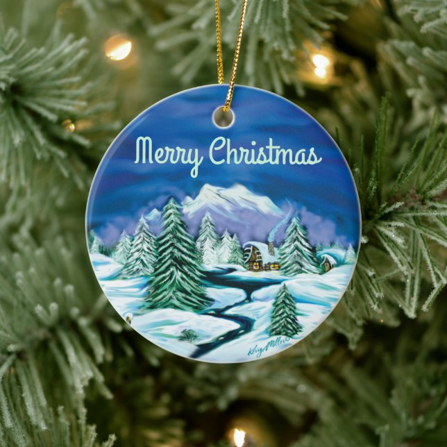 Peaceful Log Cabin Ceramic Ornament (Tree)