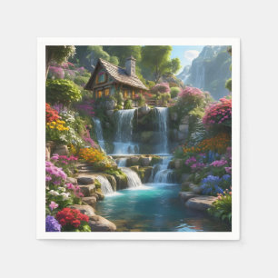 Peaceful mountain cabin waterfalls flowers napkin