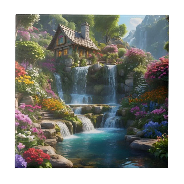 Peaceful mountain cabin waterfalls flowers tile (Front)