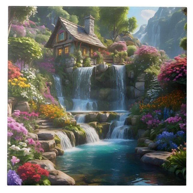 Peaceful mountain cabin waterfalls flowers tile (Front)