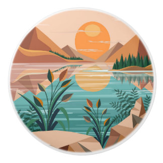 Peaceful Mountain Lake Sunset Landscape Ceramic Knob