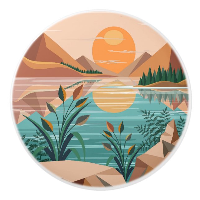 Peaceful Mountain Lake Sunset Landscape Ceramic Knob (Front)