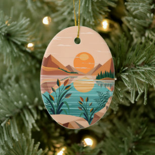 Peaceful Mountain Lake Sunset Landscape Ceramic Ornament