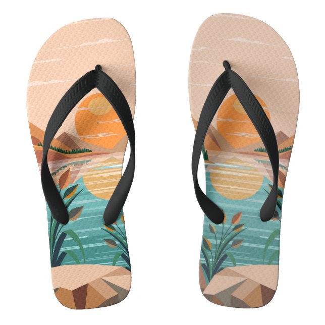 Peaceful Mountain Lake Sunset Landscape Flip Flops (Footbed)
