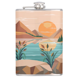 Peaceful Mountain Lake Sunset Landscape Hip Flask