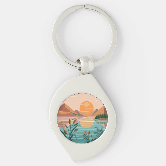 Peaceful Mountain Lake Sunset Landscape Keychain (Front)