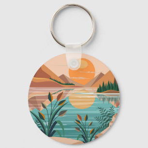 Peaceful Mountain Lake Sunset Landscape Keychain