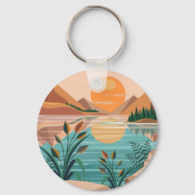 Peaceful Mountain Lake Sunset Landscape Keychain (Front)