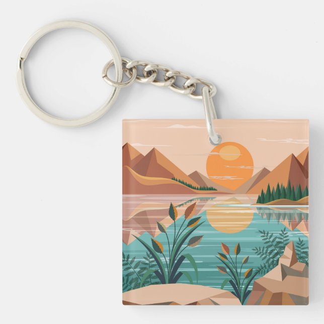 Peaceful Mountain Lake Sunset Landscape Keychain (Front)