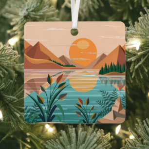Peaceful Mountain Lake Sunset Landscape Metal Ornament