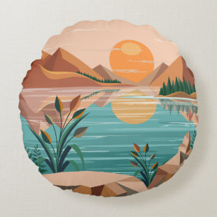 Peaceful Mountain Lake Sunset Landscape Round Pillow