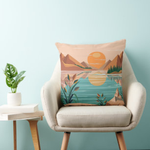 Peaceful Mountain Lake Sunset Landscape Throw Pillow