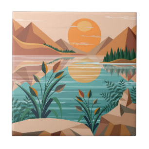 Peaceful Mountain Lake Sunset Landscape Tile