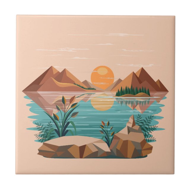 Peaceful Mountain Lake Sunset Landscape Tile (Front)