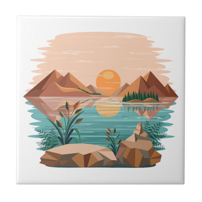 Peaceful Mountain Lake Sunset Landscape Tile (Front)