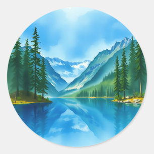 Peaceful Mountain Lake with Tall Trees Classic Round Sticker