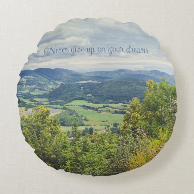 Peaceful mountain view round pillow (Front)