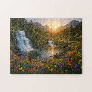 Peaceful Mountain Waterfall Puzzle with Sunrise