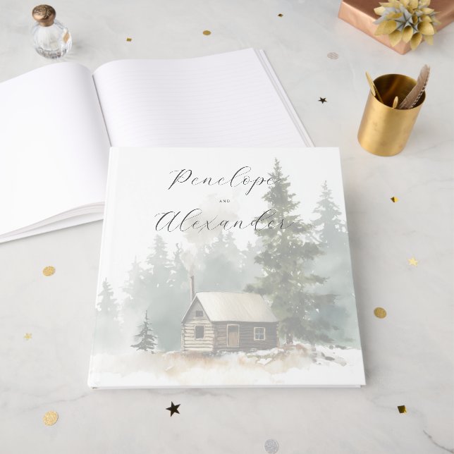 Peaceful Muted Watercolor Cabin Scene Guest Book (Front Open)