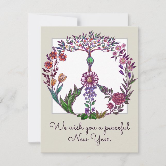   Peaceful New Year Floral Peace Sign Personalized Card (Front)