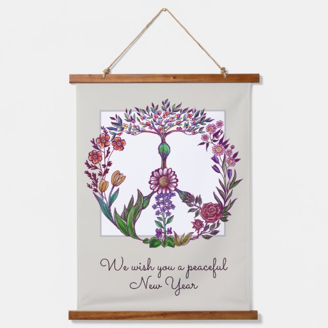   Peaceful New Year Floral Peace Sign Personalized Hanging Tapestry (Front)